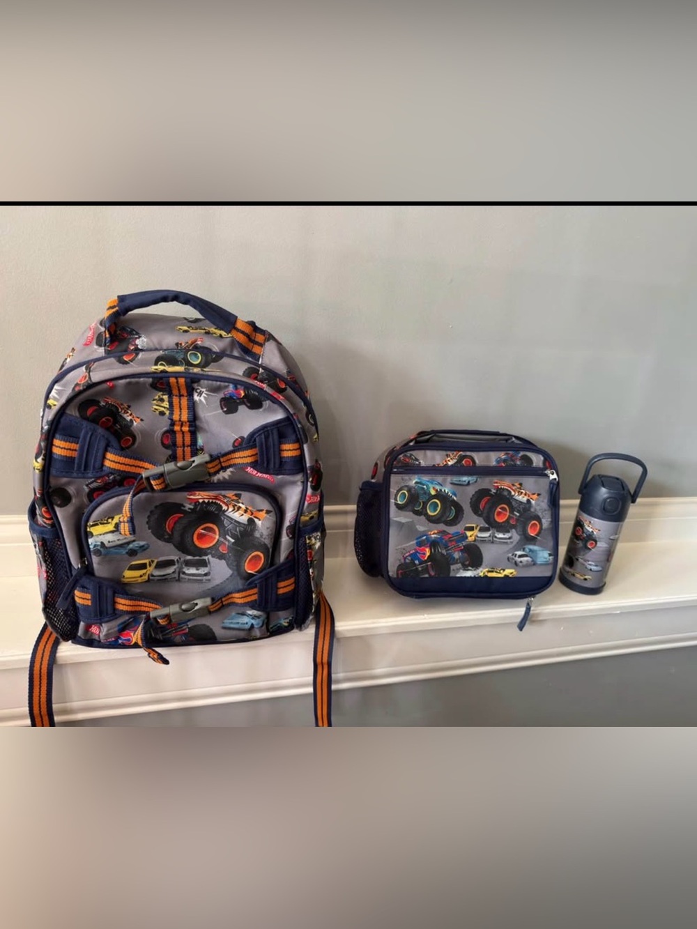 Pottery Barn Kids Monster Truck Backpack, Lunchbox & Bottle - Gray, Navy, Orange